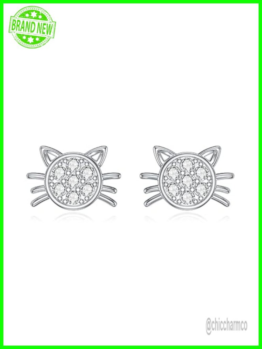 Cat Stud Earrings 925 Sterling Silver with Lab Grown Diamonds Dainty Women's
